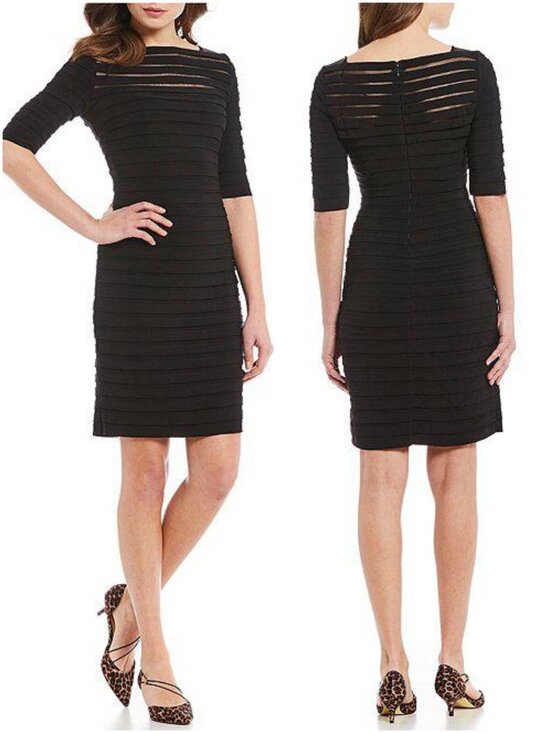 NWT Adrianna Papell Partial Tuck Elbow Sleeve Dress black 10 M L mesh pleated - Picture 3 of 14